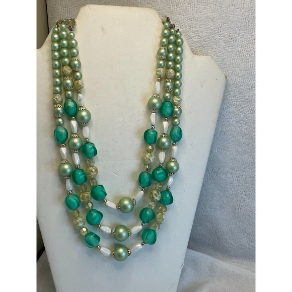 1960s Japan 3-Strand Green Faux Pearl/Crystal Necklace-Vintage Estate - Picture 1 of 5